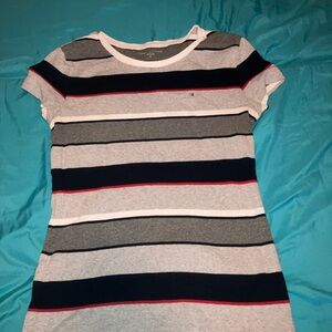 Tommy Hilfiger Shirt - Gray, Navy, Red striped stretch fitted tee